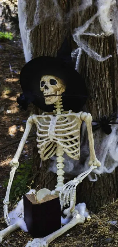 Skeleton with witch hat under tree.