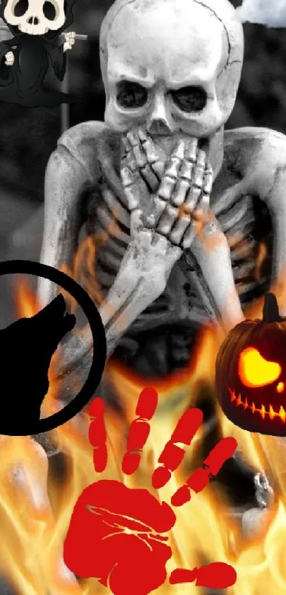 Spooky skeletons with fiery accents and pumpkin faces for Halloween.