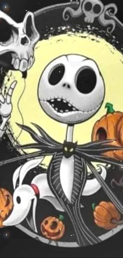 Spooky skeleton with pumpkins Halloween wallpaper.