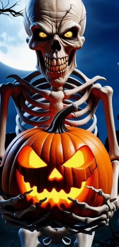 Skeleton holding glowing pumpkin in graveyard under full moon.