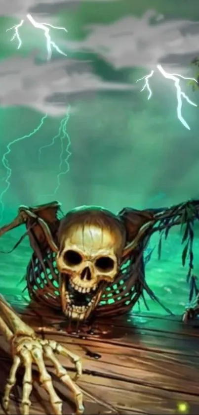 Skeleton emerges amidst lightning and teal hues in eerie scene.