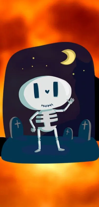 Cute cartoon skeleton in a fiery night scene with a crescent moon backdrop.