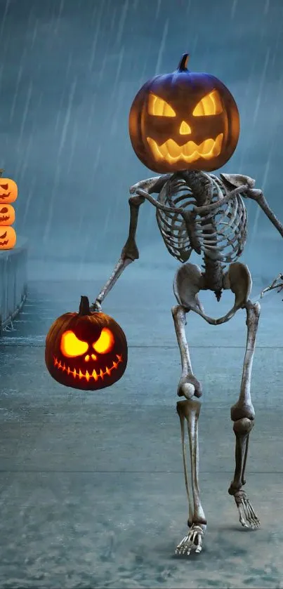 Skeleton with pumpkin head on rainy bridge wallpaper.