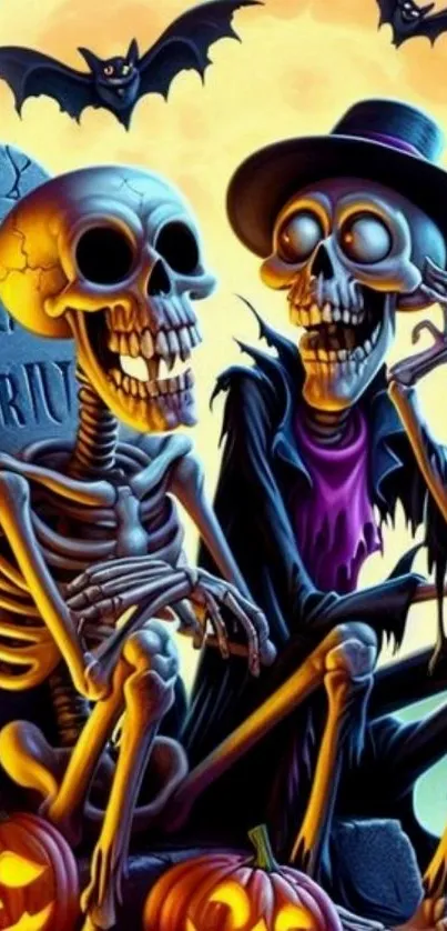 Halloween art with skeletons and bats under a full moon.