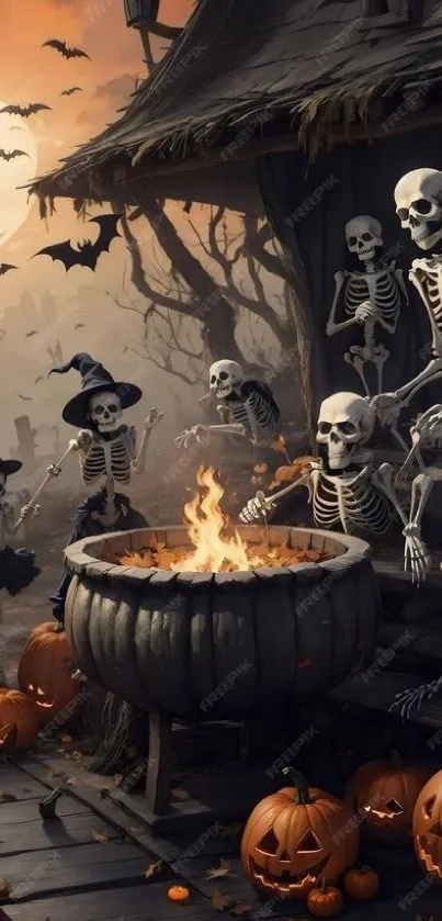 Skeletons gather around a cauldron on a spooky Halloween night.