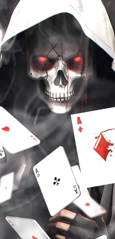 Gothic wallpaper with skull and playing cards in dark theme.