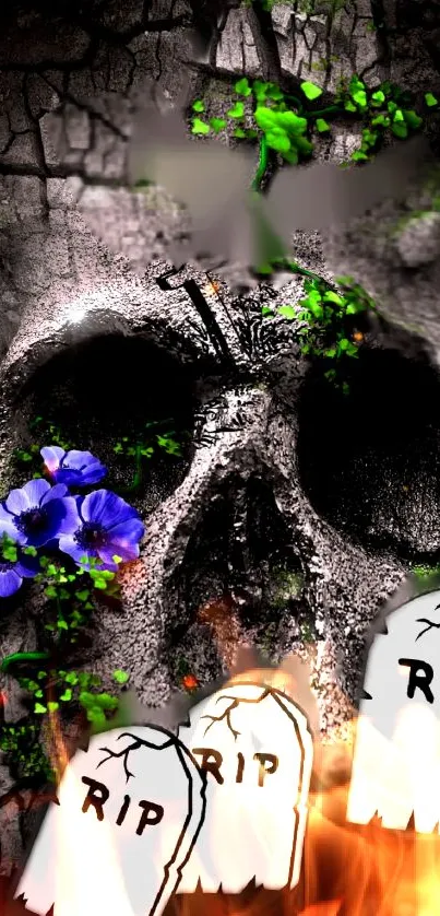 Spooky skull wallpaper with flowers and RIP signs, perfect for gothic themes.