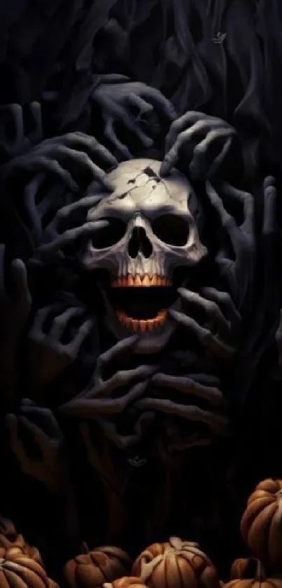 Spooky skull wallpaper with pumpkins and black hands in dark theme.