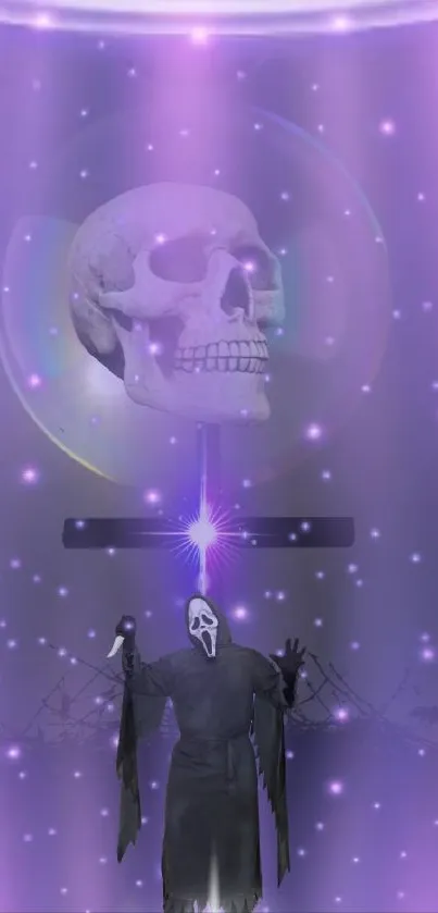 Eerie wallpaper with a purple skull and reaper.