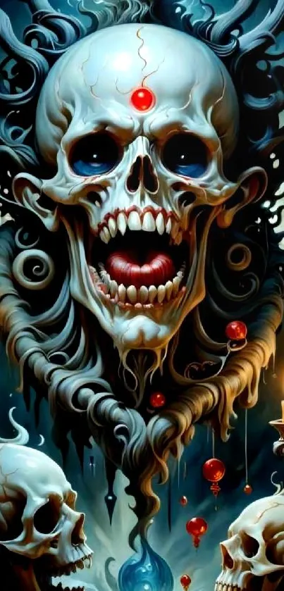 Dark gothic skull art with candles and vibrant colors in mobile wallpaper.