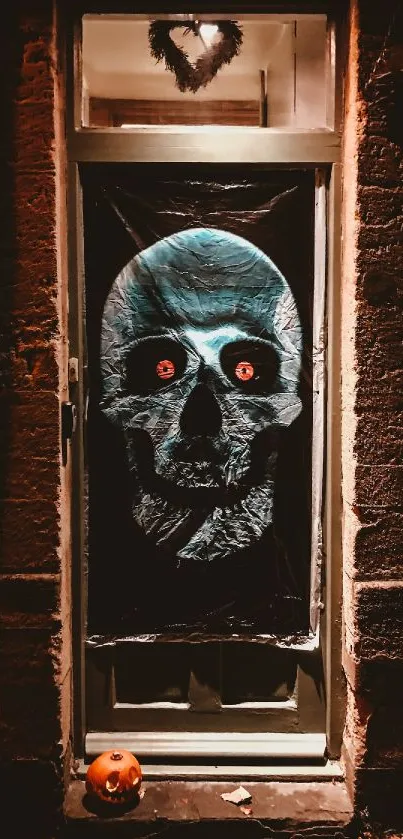 Spooky skull art on a doorway with glowing eyes and Halloween vibe.