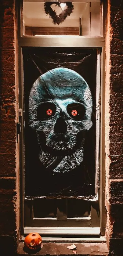 Eerie blue skull door decoration with glowing red eyes for Halloween.