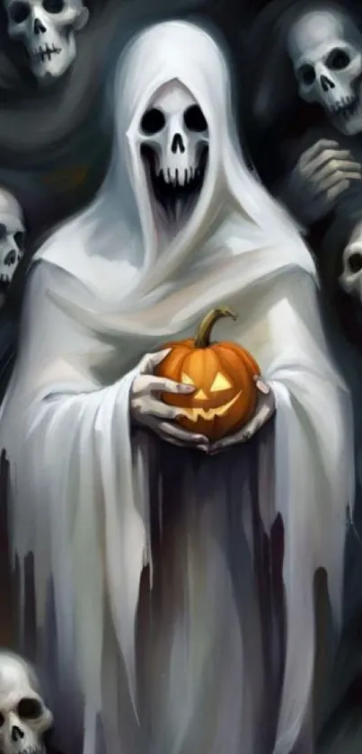 A spooky skeleton holds a glowing pumpkin surrounded by haunting skulls.