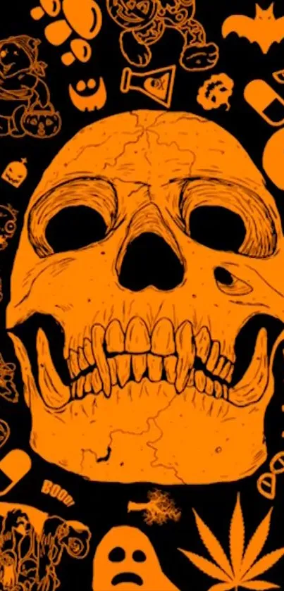 Orange skull wallpaper with Halloween-themed elements on a black background.