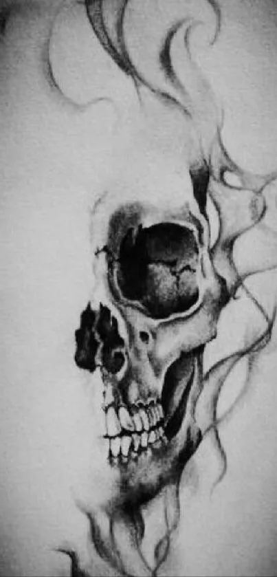 Black and white skull with smoke design wallpaper for mobile.