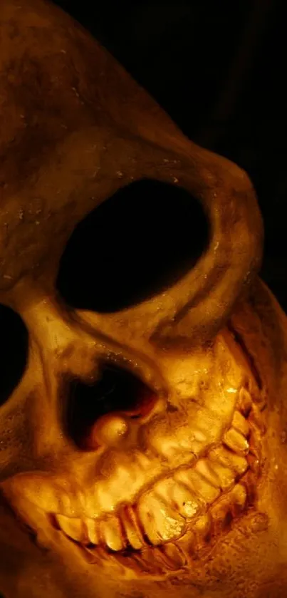 Eerie skull with golden tones in dark background.