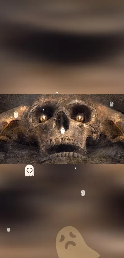 Eerie skull wallpaper with ghostly figures.