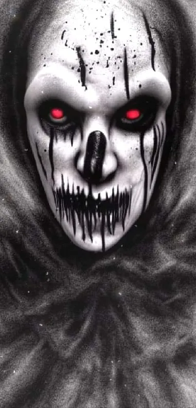 Eerie skull with red eyes on dark background.