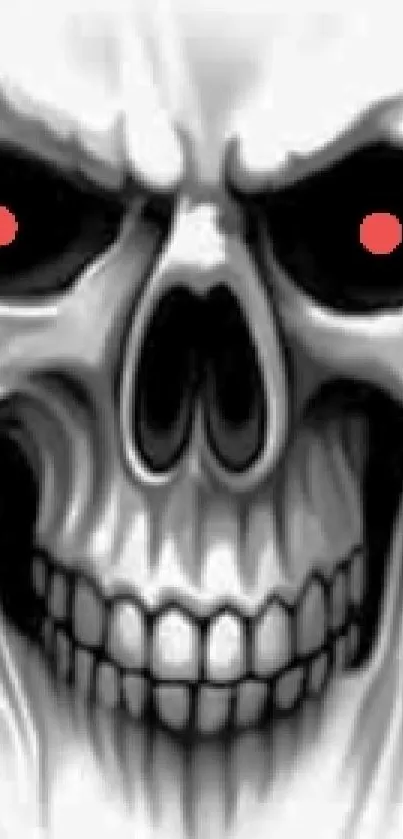 Spooky skull with red eyes on gray background.