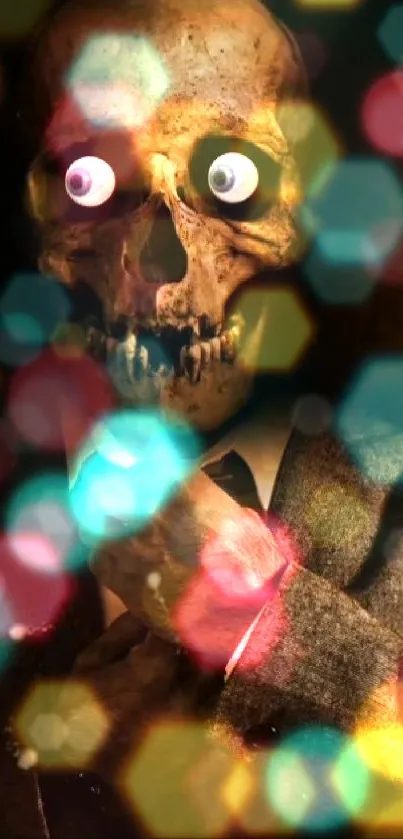 Mobile wallpaper with skull and colorful bokeh lights.