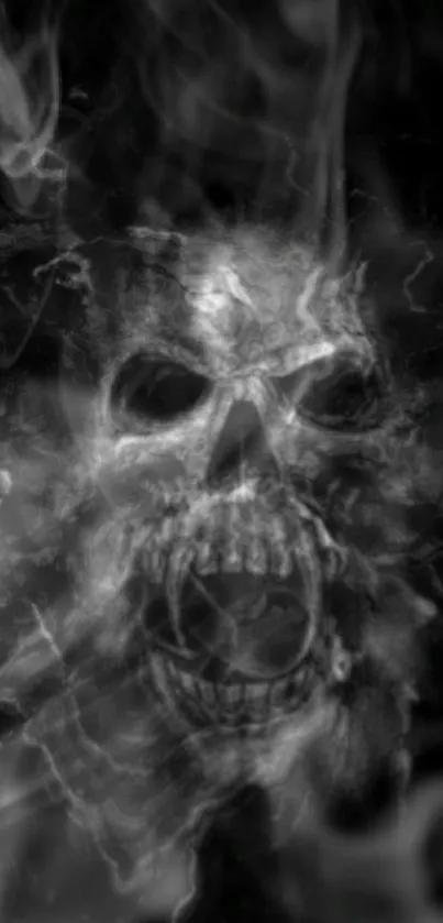 Spooky smoke skull on a dark wallpaper background.