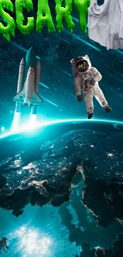 Spooky space wallpaper with ghost, astronaut, and Earth view.