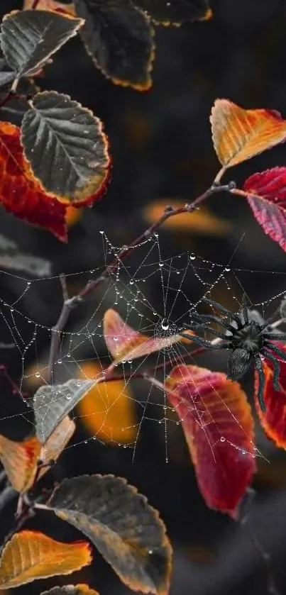 Spider weaving a web on vibrant autumn leaves in rich reds and orange hues.