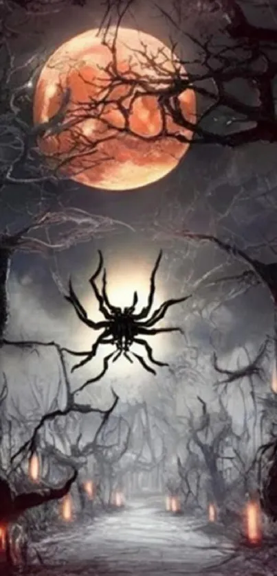 Spider silhouette under full moon in eerie forest setting.