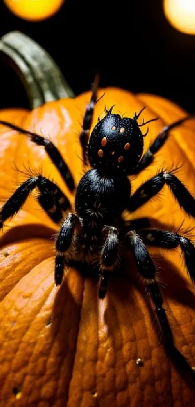 Spooky black spider on an orange pumpkin with a dark background.