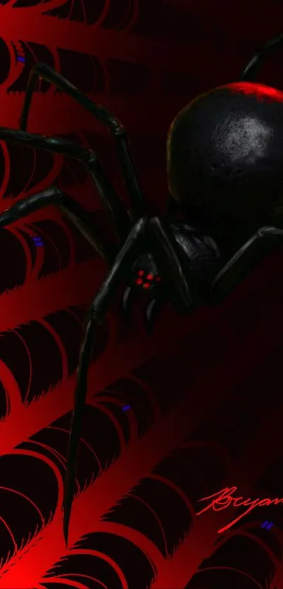 Dark spider with red and black web pattern - phone wallpaper.