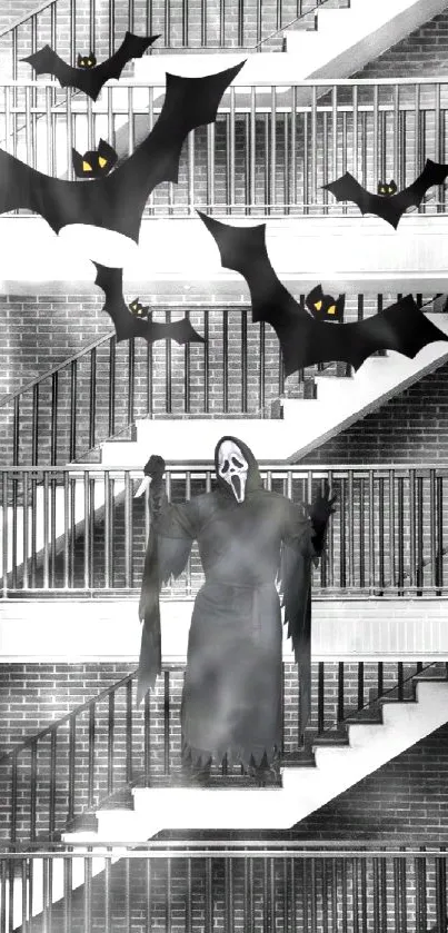 Ghostly figure on staircase with bats, Halloween theme.