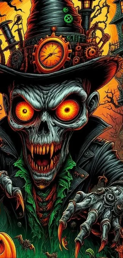 Steampunk skeleton with glowing eyes in Halloween setting.