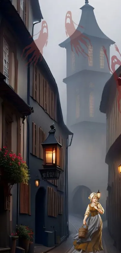 Spooky street with ghosts and a historic tower in fog.