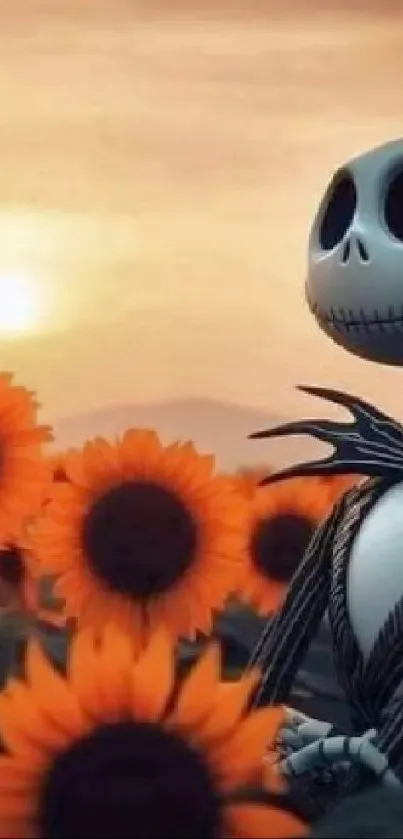 Whimsical character with sunflowers at sunset.