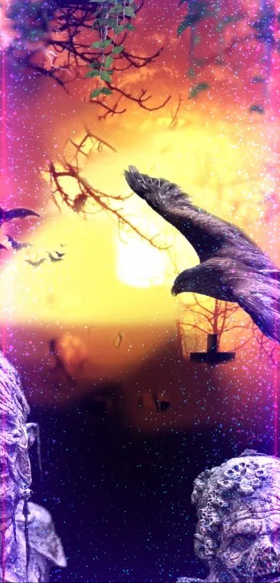 Eerie Halloween wallpaper with sunset, ravens, bats, and statues.