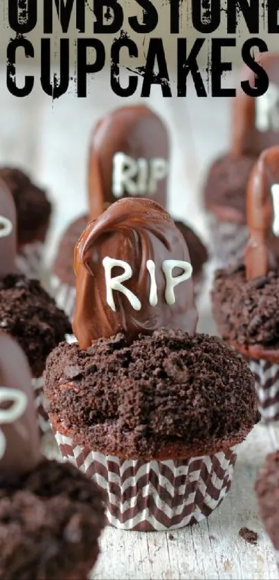 Tombstone cupcakes with chocolate decorations for Halloween.