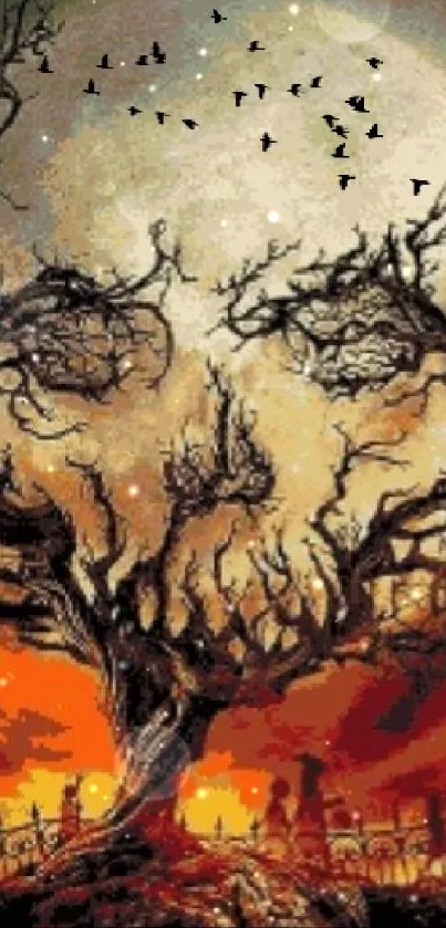 Skull-shaped tree with branches against an orange sunset and night sky.