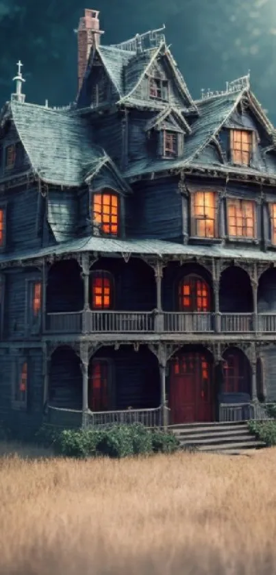 Spooky vintage house at night with glowing windows and eerie atmosphere.