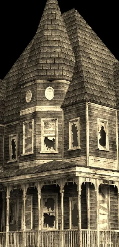 Spooky vintage house with broken windows against a black background.