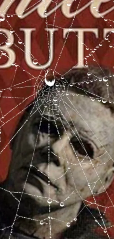 Masked figure behind spider web on red background.