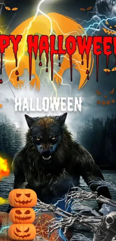 Eerie Halloween wallpaper featuring a menacing werewolf in a dark, stormy forest.