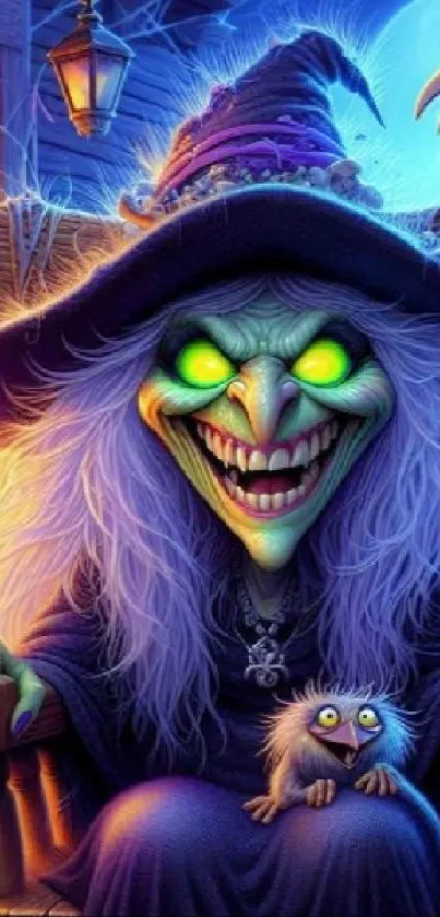 Vibrant witch illustration with glowing eyes, dark hat, and a spooky setting.