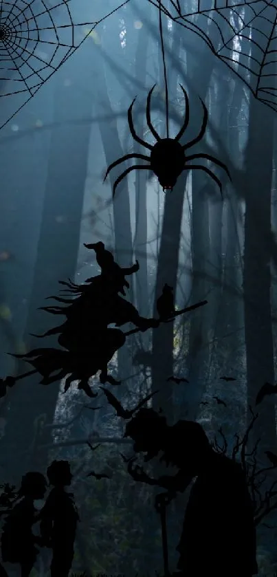 Silhouette of a witch flying in a dark, misty forest at night.