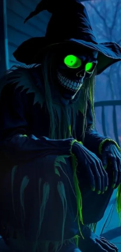 Eerie witch with glowing green eyes on a dark porch.