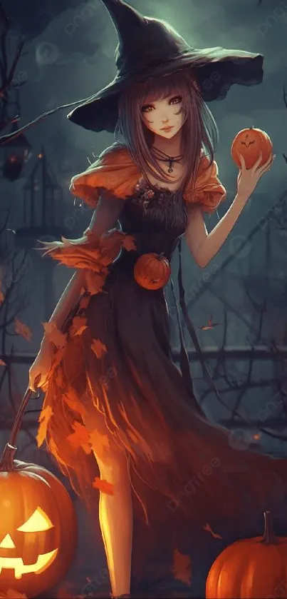 Witch with pumpkins, Halloween night scene, mobile wallpaper.