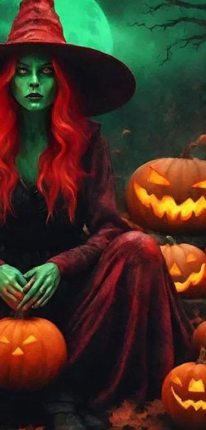 A witch with red hair and glowing pumpkins under a full moon in a spooky setting.
