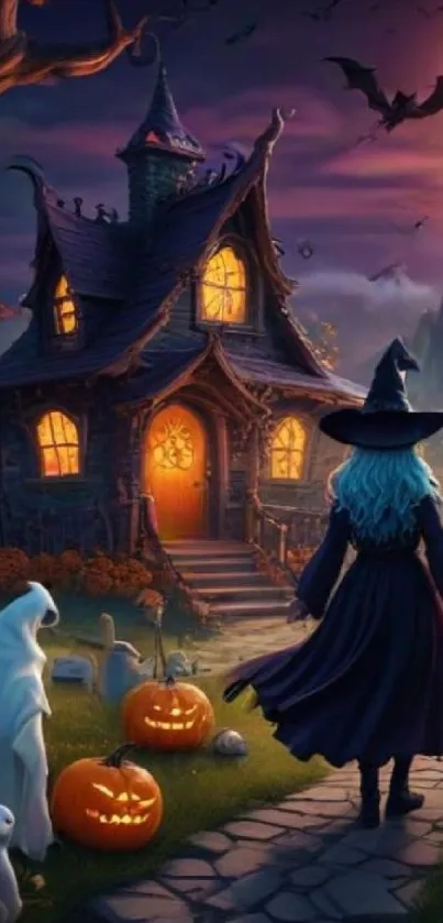 Halloween witch and pumpkins under moonlit haunted houses