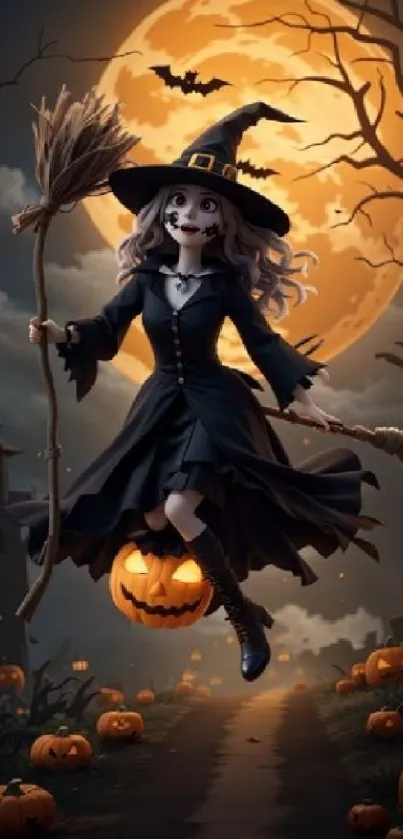 A whimsical witch flying in front of a full moon with pumpkin details for Halloween.