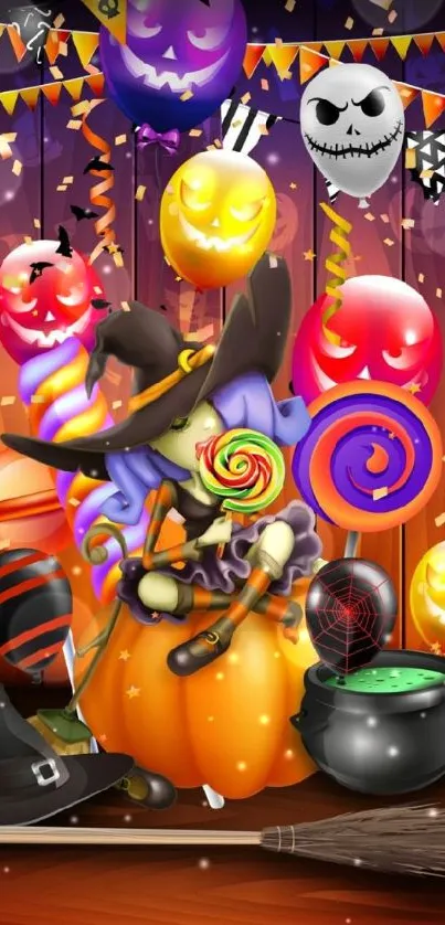 Vibrant Halloween witch with balloons and candy on a colorful backdrop.