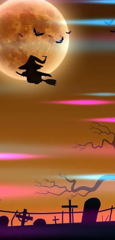 Spooky Halloween wallpaper with a witch flying across a full moon.